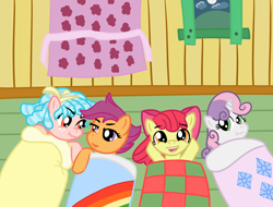 Size: 4096x3112 | Tagged: safe, alternate version, artist:poniidesu, apple bloom, cozy glow, scootaloo, sweetie belle, earth pony, pegasus, pony, unicorn, g4, a better ending for cozy, blanket, cloud, clubhouse, cozy glow is not amused, cozylove, curtains, cutie mark crusaders, female, filly, foal, hill, holding hooves, implied lesbian, moon, night, scrunchy face, ship:cozyloo, shipping, sleeping bag, sleepover, slumber party, window