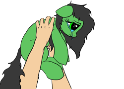 Size: 2100x1500 | Tagged: safe, artist:anon3mous1, oc, oc:filly anon, earth pony, human, pony, crying, cute, female, filly, hand, holding a pony, sad, simple background, transparent background