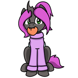 Size: 1500x1500 | Tagged: safe, artist:sugar morning, oc, oc only, oc:violet nebula, changeling, 2020 community collab, derpibooru community collaboration, changeling oc, clothes, cute, fangs, female, food, looking at you, peach, purple changeling, simple background, solo, sweater, transparent background