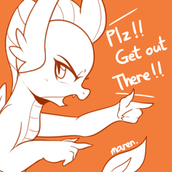 Size: 3600x3600 | Tagged: safe, artist:maren, smolder, dragon, dialogue, encouragement, female, high res, looking at you, orange background, pointing, profile, simple background, solo