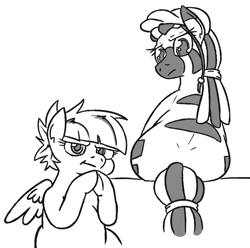 Size: 802x794 | Tagged: safe, artist:jargon scott, oc, oc only, oc:carjack, oc:low rider, pegasus, pony, zebra, concern, female, grand prix richmond crackstyle, hat, looking at you, looking back, mare, monochrome, praying, rear view, simple background, the ass was fat, white background, zebra oc