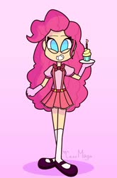 Size: 676x1024 | Tagged: safe, artist:cess_maga, pinkie pie, human, g4, cupcake, female, food, humanized, pink background, simple background, solo, teeth