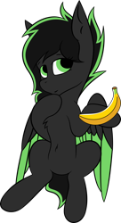 Size: 800x1469 | Tagged: safe, artist:pegasko, oc, oc only, oc:eytlin, pegasus, pony, 2020 community collab, derpibooru community collaboration, banana, female, food, holding, looking at you, simple background, sitting, smiling, solo, transparent background, vector