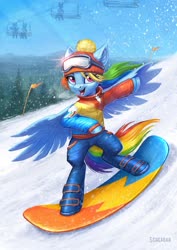 Size: 1200x1697 | Tagged: safe, artist:scheadar, rainbow dash, pegasus, pony, semi-anthro, clothes, female, hay, jacket, looking at you, mare, open mouth, pants, smiling, snow, snowboard, snowboarding, solo, standing, winter hat