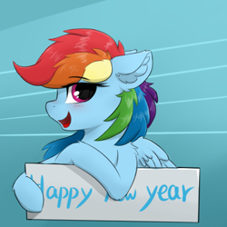 Size: 420x420 | Tagged: safe, artist:d.w.h.cn, rainbow dash, pegasus, pony, g4, 2020, abstract background, blushing, cute, dashabetes, female, happy new year, happy new year 2020, holiday, mare, sign, solo