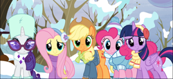Size: 1670x768 | Tagged: safe, screencap, applejack, fluttershy, pinkie pie, rarity, twilight sparkle, alicorn, earth pony, pegasus, pony, unicorn, g4, tanks for the memories, clothes, cropped, cute, earmuffs, female, fluttershy's purple sweater, glasses, group, jacket, mare, scarf, smiling, sweater, twilight sparkle (alicorn), winter outfit