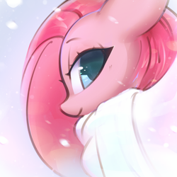 Size: 2020x2020 | Tagged: safe, artist:mirroredsea, pinkie pie, earth pony, pony, bedroom eyes, clothes, cute, cuteamena, female, floppy ears, high res, lidded eyes, looking at you, mare, pinkamena diane pie, profile, scarf, smiling, snow, snowfall, snowflake, solo, winter