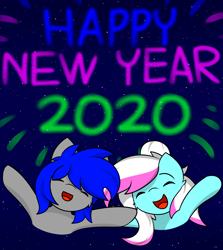 Size: 2050x2300 | Tagged: safe, artist:llhopell, oc, oc:hope(llhopell), oc:soffy, earth pony, pegasus, pony, 2020, fireworks, happy, happy new year, happy new year 2020, high res, hoffy, holiday