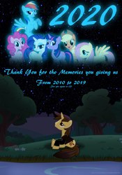 Size: 3500x5000 | Tagged: safe, artist:ejlightning007arts, applejack, fluttershy, pinkie pie, rainbow dash, rarity, twilight sparkle, oc, oc:ej, earth pony, pegasus, pony, unicorn, g4, 2020, end of ponies, lake, looking up, male, mane six, new year, sad, sitting, stallion, thank you for the memories, tree, unicorn twilight