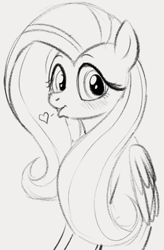 Size: 423x643 | Tagged: safe, artist:dotkwa, fluttershy, pegasus, pony, g4, blowing a kiss, blushing, cute, female, grayscale, heart, looking at you, mare, monochrome, shyabetes, simple background, sitting, sketch, solo, white background, wings