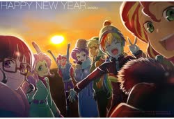 Size: 1378x948 | Tagged: safe, artist:5mmumm5, applejack, fluttershy, pinkie pie, rainbow dash, rarity, sci-twi, sunset shimmer, twilight sparkle, equestria girls, g4, 2020, eyes closed, female, glasses, happy new year, happy new year 2020, holiday, humane five, humane seven, humane six, open mouth, peace sign