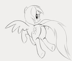 Size: 1027x881 | Tagged: safe, artist:dotkwa, derpy hooves, pegasus, pony, g4, butt, cute, female, flying, grayscale, looking back, mare, monochrome, plot, simple background, smiling, solo, white background, wings