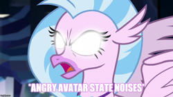 Size: 888x499 | Tagged: safe, edit, edited screencap, screencap, silverstream, classical hippogriff, hippogriff, g4, what lies beneath, angry, avatar silverstream, avatar state, avatar the last airbender, caption, female, glowing eyes, image macro, jewelry, meme, necklace, open mouth, solo, text