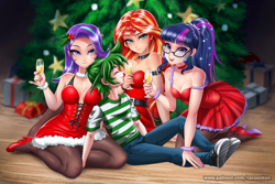 Size: 1800x1200 | Tagged: safe, artist:mauroz, artist:racoonsan, edit, sci-twi, spike, starlight glimmer, sunset shimmer, twilight sparkle, human, equestria girls, g4, alcohol, anime, breasts, champagne, champagne glass, christmas, christmas outfit, christmas tree, clothes, converse, dress, female, glasses, high heels, holiday, holly, human spike, humanized, lucky bastard, male, off shoulder, pantyhose, shipping, shoes, sleeveless, spike gets all the equestria girls, spike gets all the mares, straight, tree, wine