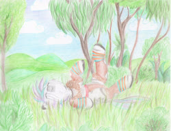 Size: 3833x2928 | Tagged: artist needed, safe, oc, oc only, oc:unise, pony, zebra, grass, high res, loincloth, scenery, solo, tree