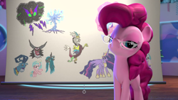 Size: 1280x720 | Tagged: safe, screencap, cozy glow, discord, grogar, king sombra, lord tirek, pinkie pie, princess celestia, queen chrysalis, rainbow dash, rarity, tree of harmony, twilight sparkle, alicorn, pony, g4, hello pinkie pie, the ending of the end, the last problem, 3d, chart, drawing, female, glasses, looking at you, mare, older, older twilight, older twilight sparkle (alicorn), princess twilight 2.0, recap, solo, studio, twilight sparkle (alicorn)