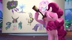 Size: 1280x720 | Tagged: safe, screencap, cozy glow, discord, grogar, king sombra, lord tirek, pinkie pie, queen chrysalis, twilight sparkle, alicorn, pony, g4, hello pinkie pie, the ending of the end, the last problem, 3d, bottle, chart, chocolate, chocolate rain, drawing, drinking, eyes closed, female, food, mare, older, older twilight, older twilight sparkle (alicorn), princess twilight 2.0, rain, solo, studio, tongue out, twilight sparkle (alicorn)