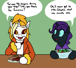 Size: 3000x2700 | Tagged: safe, artist:pony quarantine, oc, oc:dyx, oc:nyx, alicorn, pony, unicorn, 4chan, drawthread, duo, eating, food, high res, meat, meatball, ponies eating meat, ribs, ribs (food), salad, sausage, speech bubble, text