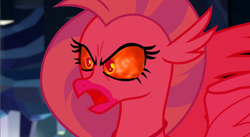 Size: 1114x612 | Tagged: safe, artist:mellow91, edit, edited screencap, screencap, silverstream, oc, oc only, oc:magmus, hippogriff, g4, what lies beneath, angry, female, fire, flame eyes, glowing eyes, possessed, solo