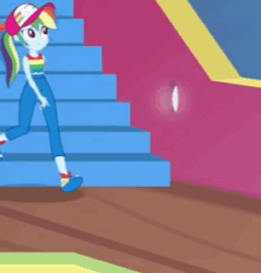 Size: 284x297 | Tagged: safe, screencap, rainbow dash, equestria girls, equestria girls specials, g4, my little pony equestria girls: better together, my little pony equestria girls: spring breakdown, animated, baseball cap, cap, clothes, cropped, cruise outfit, feet, female, front knot midriff, frown, gif, hand on hip, hat, midriff, pants, ponytail, raised eyebrow, sandals, shirt, short pants, sleeveless, sleeveless shirt, solo, stairs, standing, tank top, walking, wristband, yacht