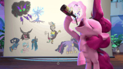 Size: 800x450 | Tagged: safe, screencap, cozy glow, discord, grogar, king sombra, lord tirek, pinkie pie, queen chrysalis, tree of harmony, twilight sparkle, alicorn, earth pony, pony, g4, hello pinkie pie, the ending of the end, the last problem, 3d, animated, bottle, chart, chocolate, drawing, drinking, eyes closed, female, food, gif, licking, licking lips, mare, older, older twilight, older twilight sparkle (alicorn), princess twilight 2.0, rain, solo, spilling, studio, tongue out, twilight sparkle (alicorn)