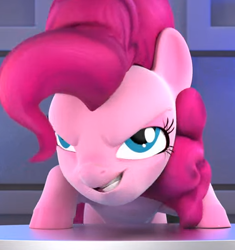 Size: 500x533 | Tagged: safe, screencap, pinkie pie, earth pony, pony, g4, hello pinkie pie, 3d, cropped, cursed, desk, faic, female, mare, solo