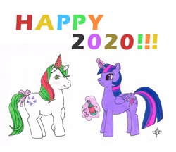 Size: 1280x1106 | Tagged: safe, artist:assertiveshypony, gusty, twilight sparkle, alicorn, pony, unicorn, g4, alcohol, champagne, drawing, g1 meets g4, happy new year, hat, holiday, magic, mixed media, party hat, simple background, text, twilight sparkle (alicorn), white background, wine