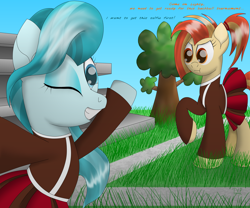 Size: 6000x5000 | Tagged: safe, artist:php124, lighthoof, shimmy shake, earth pony, pony, g4, bleachers, cheerleader outfit, clothes, dialogue, duo, excited, field, raised hoof, selfie, tree