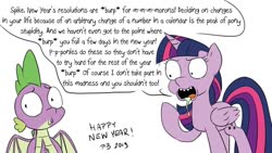Size: 1200x675 | Tagged: safe, artist:pony-berserker, spike, twilight sparkle, alicorn, dragon, pony, pony-berserker's twitter sketches, g4, happy new year, happy new year 2020, holiday, new year's resolution, rick and morty, rick sanchez, style emulation, twilight sparkle (alicorn), twirick, winged spike, wings