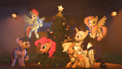 Size: 1920x1080 | Tagged: safe, artist:rainbowdashsnipers, applejack, fluttershy, pinkie pie, rainbow dash, rarity, twilight sparkle, alicorn, pony, g4, 3d, christmas, christmas lights, christmas tree, happy new year 2020, holiday, mane six, tree, twilight sparkle (alicorn)