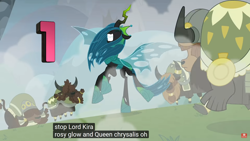 Size: 1920x1080 | Tagged: safe, edit, edited screencap, screencap, queen chrysalis, changeling, changeling queen, yak, g4, hello pinkie pie, the ending of the end, 1, caption, female, meme, stomping, ultimate chrysalis, youtube caption, youtube link