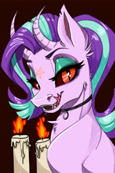 Size: 6000x9000 | Tagged: safe, artist:faline-art, starlight glimmer, bicorn, demon, demon pony, original species, black sclera, candle, chest fluff, choker, curved horn, fangs, female, forked tongue, horn, licking, licking lips, lidded eyes, looking at you, multiple horns, pentagram, slit pupils, solo, tongue out