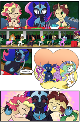 Size: 1800x2740 | Tagged: safe, artist:candyclumsy, princess cadance, princess celestia, princess luna, twilight sparkle, oc, oc:king calm merriment, oc:queen motherly morning, oc:queen nightmare pulsar, alicorn, crystal pony, pony, comic:nightmare pulsar, g4, alicorn oc, belly, candy, canterlot, canterlot castle, comic, commissioner:bigonionbean, crystal empire, dialogue, eating, embarrassed, fat, female, food, fusion, fusion:applejack, fusion:big macintosh, fusion:cheese sandwich, fusion:donut joe, fusion:fancypants, fusion:flash sentry, fusion:pinkie pie, fusion:princess cadance, fusion:princess celestia, fusion:princess luna, fusion:rainbow dash, fusion:shining armor, fusion:soarin', fusion:sunset shimmer, fusion:trouble shoes, fusion:twilight sparkle, group hug, halloween, holiday, horn, hug, husband and wife, jewelry, line-up, male, nightmare night, pastries, princess decadence, princess moonpig, pudgy, random pony, regalia, stuffed, stuffed belly, sweets, taste test, twilard sparkle, twilight sparkle (alicorn), writer:bigonionbean