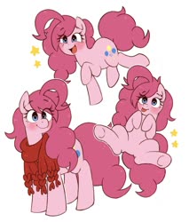 Size: 1257x1474 | Tagged: safe, artist:うめぐる, pinkie pie, earth pony, pony, g4, :p, alternate hairstyle, blushing, clothes, cute, diapinkes, eye clipping through hair, female, hooves to the chest, mare, multeity, open mouth, pixiv, scarf, simple background, solo, stars, tongue out, white background