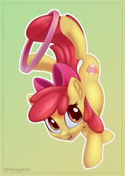 Size: 2826x4000 | Tagged: safe, artist:anti1mozg, apple bloom, earth pony, pony, g4, adorabloom, cheek fluff, cute, ear fluff, female, filly, gradient background, high res, loop-de-hoop, on front legs, open mouth, solo, white outline
