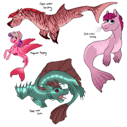 Size: 675x675 | Tagged: safe, artist:phobicalbino, oc, oc only, merpony, sea pony, siren, bioluminescent, group, headcanon, open mouth, quartet, selkie, shark fin, simple background, white background