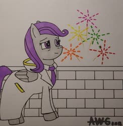Size: 3432x3512 | Tagged: safe, artist:awgear, oc, oc:morning glory (project horizons), pegasus, pony, fallout equestria, fallout equestria: project horizons, clothes, fanfic art, fireworks, high res, lab coat, necktie, new year, purple mane, purple tail, tired, traditional art