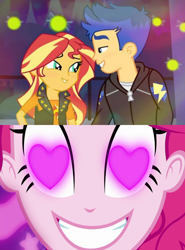 Size: 800x1084 | Tagged: safe, edit, edited screencap, screencap, flash sentry, pinkie pie, sunset shimmer, coinky-dink world, equestria girls, equestria girls series, g4, my little pony equestria girls: summertime shorts, star crossed, female, heart eyes, male, meme, pinkie's eyes, ship:flashimmer, shipping, straight, wingding eyes