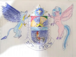 Size: 1024x766 | Tagged: safe, artist:horsesplease, gallus, silverstream, bird, classical hippogriff, griffon, hippogriff, g4, coat of arms, colored pencil drawing, constructed language, crowing, eyes closed, female, gallus the rooster, happy, heraldry, male, rooster, sarmelonid, ship:gallstream, shipping, straight, supporters, traditional art, vozonid