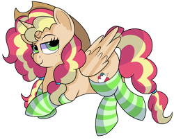 Size: 1280x1032 | Tagged: safe, artist:rainbowtashie, oc, oc:queen motherly morning, alicorn, pony, 2020 community collab, derpibooru community collaboration, adorable face, alicorn oc, alicorn princess, clothes, commissioner:bigonionbean, cowboy hat, cute, freckles, fusion, fusion:applejack, fusion:pinkie pie, fusion:rainbow dash, fusion:sunset shimmer, hairband, hat, horn, royalty, scrunchie, seductive look, simple background, socks, stetson, striped socks, sultry pose, transparent background, writer:bigonionbean