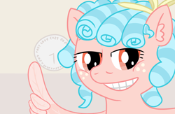 Size: 3500x2286 | Tagged: safe, alternate version, artist:poniidesu, cozy glow, pegasus, pony, g4, blue mane, curly mane, female, hide the pain harold, high res, orange eyes, ponified, smug, solo, thumbs up, wing hands, wings