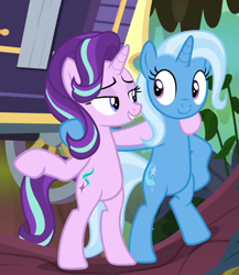 Size: 812x937 | Tagged: safe, screencap, starlight glimmer, trixie, pony, unicorn, g4, road to friendship, belly, bipedal, cropped, duo, female, hoof around neck, lidded eyes, looking at each other, mare, smiling