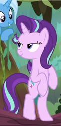Size: 457x940 | Tagged: safe, screencap, starlight glimmer, trixie, pony, unicorn, g4, road to friendship, bipedal, cropped, female, lidded eyes, mare, smiling, solo focus, swinging, vine
