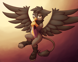 Size: 3000x2400 | Tagged: safe, artist:ohemo, oc, oc only, griffon, abstract background, bandana, female, flying, griffon oc, high res, leg warmers, looking at you, solo, spread wings, sword, weapon, wings