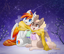 Size: 1795x1500 | Tagged: safe, artist:soapunicorn, oc, pegasus, pony, clothes, duo, scarf, shared clothing, shared scarf