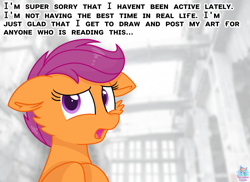 Size: 1920x1400 | Tagged: safe, artist:rainbow eevee, scootaloo, pegasus, pony, g4, apology, cheek fluff, depressed, dialogue, female, filly, floppy ears, looking at you, open mouth, sad, solo, text