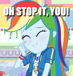 Size: 628x648 | Tagged: safe, edit, edited screencap, screencap, rainbow dash, equestria girls, equestria girls specials, g4, my little pony equestria girls: better together, my little pony equestria girls: holidays unwrapped, blushing, caption, cropped, cute, dashabetes, female, flattered, huggable, image macro, meme, oh stop it you, solo, text
