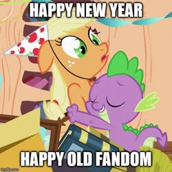 Size: 500x500 | Tagged: safe, edit, edited screencap, screencap, applejack, spike, g4, secret of my excess, 2020, caption, cropped, cute, eyes closed, golden oaks library, happy new year, hat, holiday, hug, image macro, meme, party hat, smiling, text