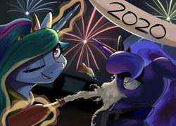 Size: 3926x2805 | Tagged: safe, artist:nookprint, princess celestia, princess luna, alicorn, pony, g4, 2020, alcohol, bust, champagne, crown, duo, female, fireworks, floppy ears, glowing, glowing horn, happy new year 2020, high res, horn, jewelry, magic, mare, new year, night, one eye closed, portrait, regalia, royal sisters, sky, smiling, telekinesis, trollestia, wine, wink