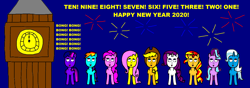 Size: 2836x1000 | Tagged: safe, applejack, fluttershy, pinkie pie, rainbow dash, rarity, starlight glimmer, sunset shimmer, trixie, twilight sparkle, g4, big ben, fireworks, happy new year, happy new year 2020, holiday, mane nine